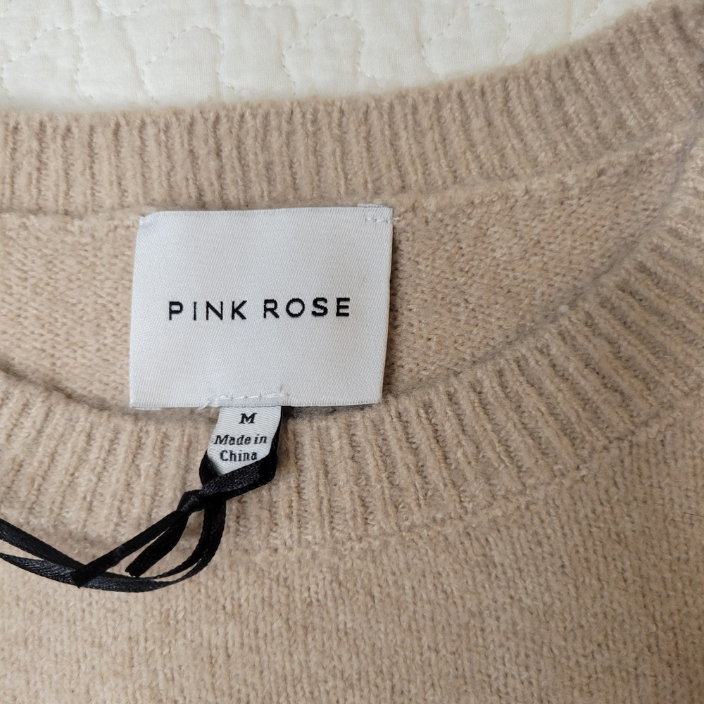 Pink Rose Short Sleeve Sweater Womens Sz M Tan Embroidered Bows Puff Sleeve NEW - Picture 3 of 13